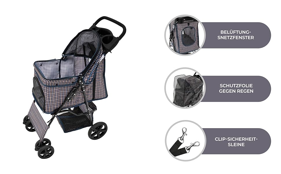 Візок для тварин Monster Shop з сумкою, знімний, складний, до 15 кг, колеса, гальма, сітчасте вікно, кошик, тримач для напоїв, кишені та водовідштовхуючий тент (синій тартан)