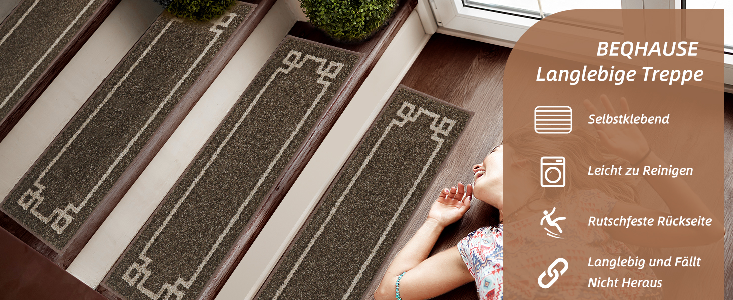 Килимок для сходин BEQHAUSE, 15 шт., самоклеючий, для дітей, літніх людей та домашніх тварин, 100% поліестер, TPE-підкладка, 22x70 см, коричневий