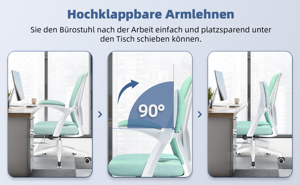 Офісне крісло Hinode з підйомними підлокітниками, функцією гойдання, поворотне на 360°, регульоване по висоті, ергономічне крісло для дому та офісу з дихаючою сіткою, до 150 кг (Блакитно-зелене, Стиль 1)