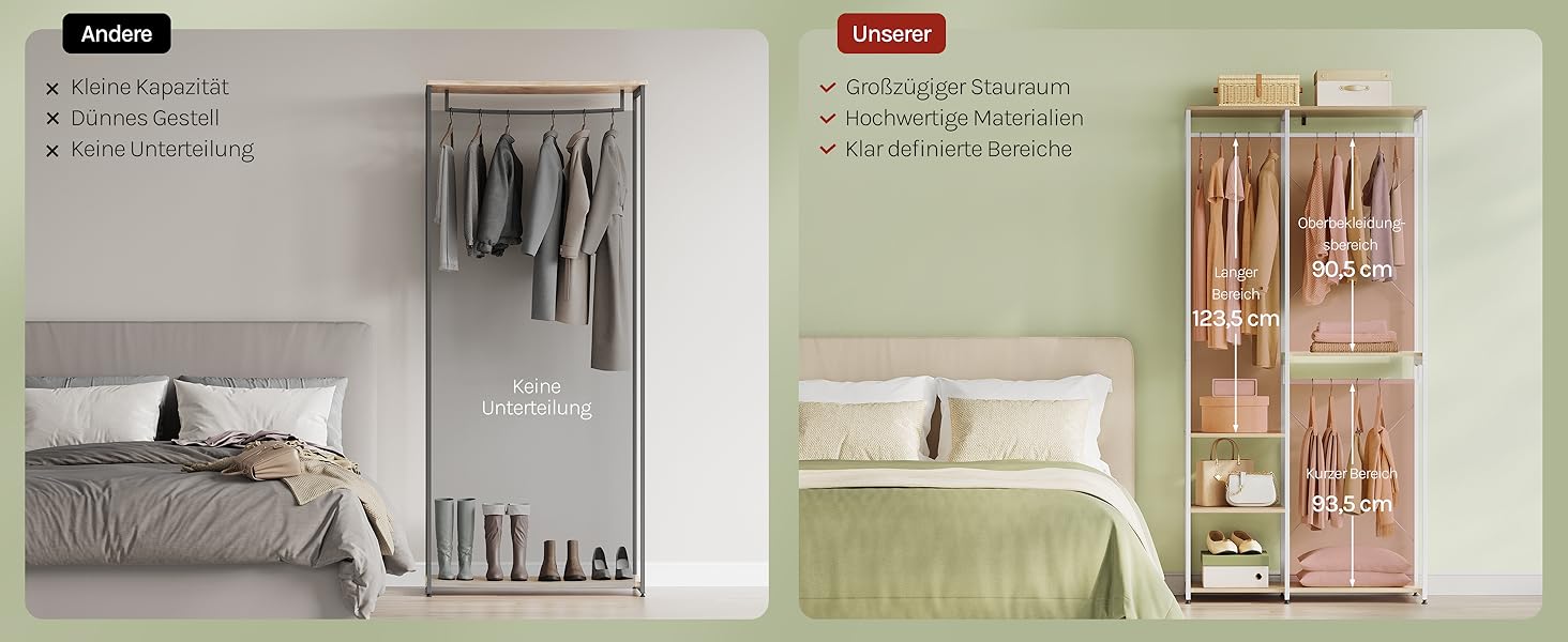 Вільна вішалка для одягу WOLTU з полицею, для спальні/коридору, стабільна, з дерева та металу, білий + світлий дуб