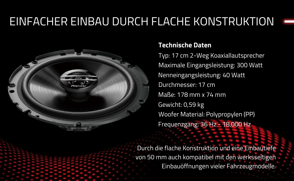 Автомобільні коаксіальні динаміки Pioneer TS-G1720F 17 см, 2-смугові, 300 Вт, 40 Вт RMS, з ґратами, потужний звук, високий ККД