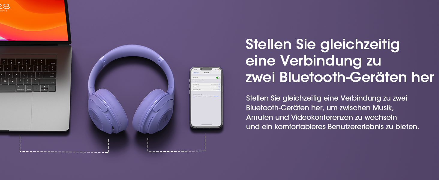 Бездротові навушники DOQAUS Bluetooth з довгим терміном служби (70 годин), Over-Ear, Bluetooth 5.4, з кабелем, 3 режими EQ, Hi-Fi стерео для подорожей/телефону/ПК (фіолетові)