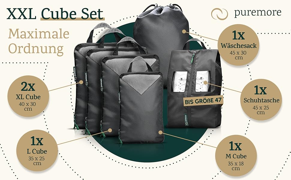 Puremore® Преміум Набір для пакування багажу з компресією (6 шт.) | Органайзери для подорожей | Чохли для взуття | Чорний колір