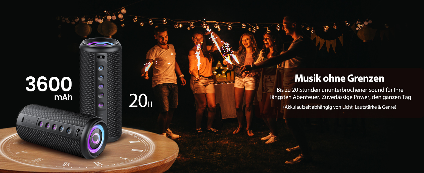 Bluetooth колонка 2026 з RGB підсвіткою, портативна, водонепроникна IPX7, з мікрофоном, для дому, саду та подорожей, чорна