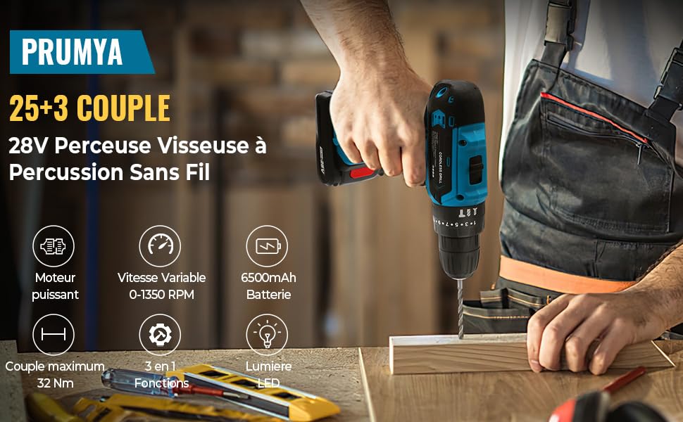 Акумуляторний дриль-шуруповерт 28V з 2 акумуляторами та аксесуарами для дому. 25+3 налаштування крутного моменту, LED-лампа
