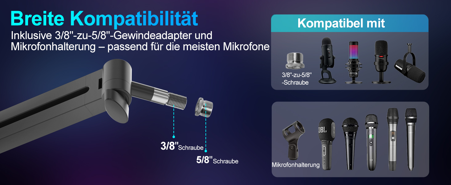Низькопрофільний мікрофонний важіль, міцний тримач для мікрофону з кріпленням до столу 7 см, адаптери 3/8' та 5/8', для Blue Yeti, подкастів, геймінгу, вантажопідйомність до 2 кг, чорний