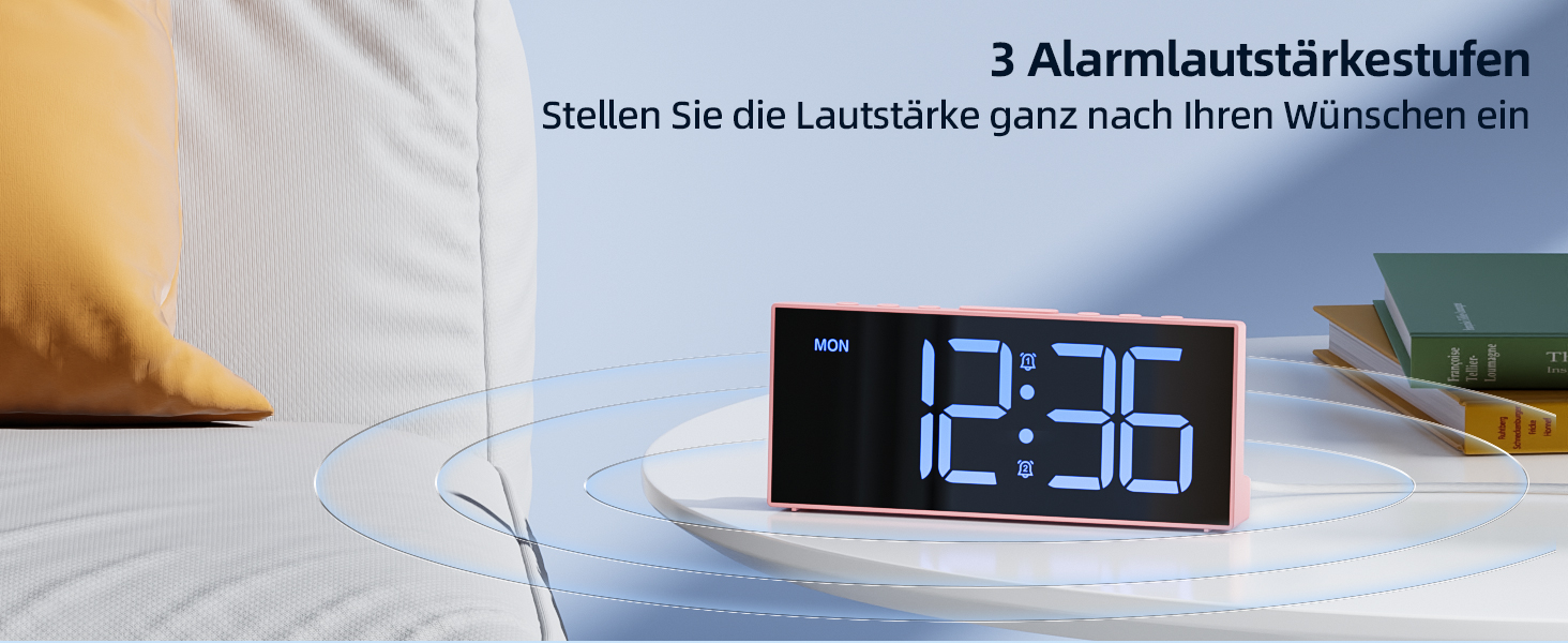Цифровий будильник LATEC з 2 сигналами, функцією Snooze та USB-портом, 4 рівні яскравості, регулювання гучності, мережеве живлення (Рожевий)