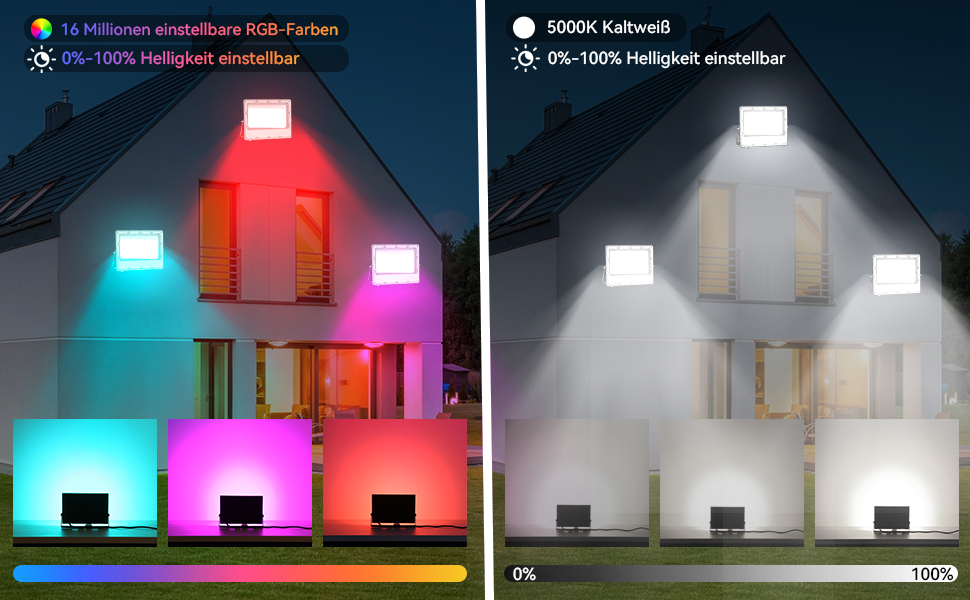 Комплект з 2 RGB LED прожекторів 30W для вулиці, 16 млн кольорів, Bluetooth APP та 2.4G пульт, IP66, диммований, для саду, Хелловіну, Різдва, вечірок (загальна потужність 150W)