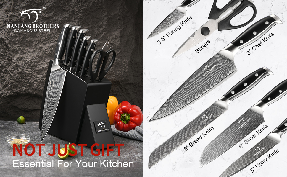 NANFANG BROTHERS 18-Piece Damascus Kitchen Knife Set with Hammered Handles & Wooden Block - Premium Quality