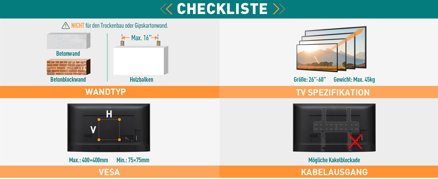 Кріплення для телевізора ELIVED EV007: настінний тримач для LED, LCD, OLED, Plasma телевізорів (26-60 дюймів, до 45 кг, VESA 400x400)