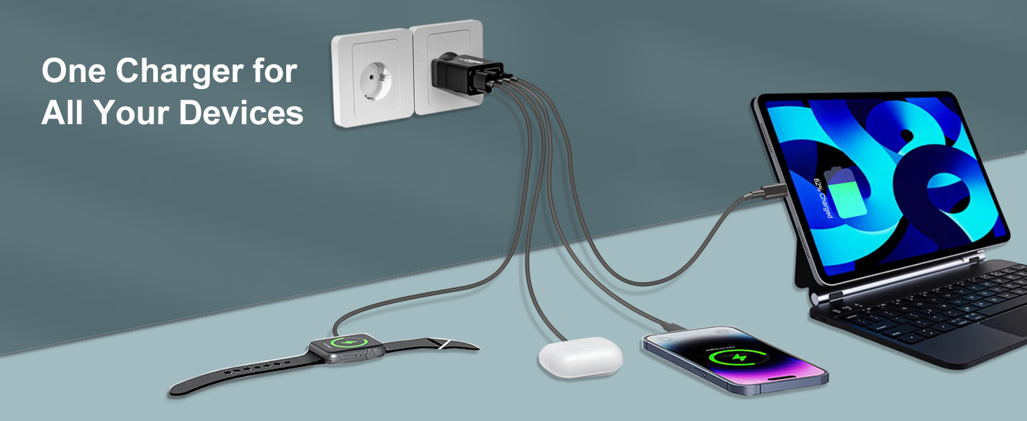 Подвійний зарядний пристрій USB-C 40W з 4 портами (USB-C та USB-A), PD 3.0, для iPhone, Samsung, iPad, Tablet, 2 шт., чорний