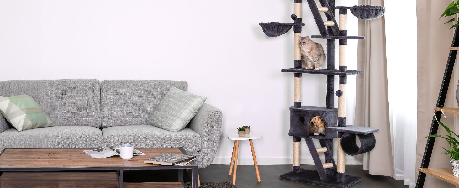 Драбина для котів Lionto XXL з сизалю та плюшу, 230-250 см. Комплектація: іграшкові м'ячики, дзвіночки, гамак, тунель, печери. Підходить для котів будь-якого розміру, сірий колір