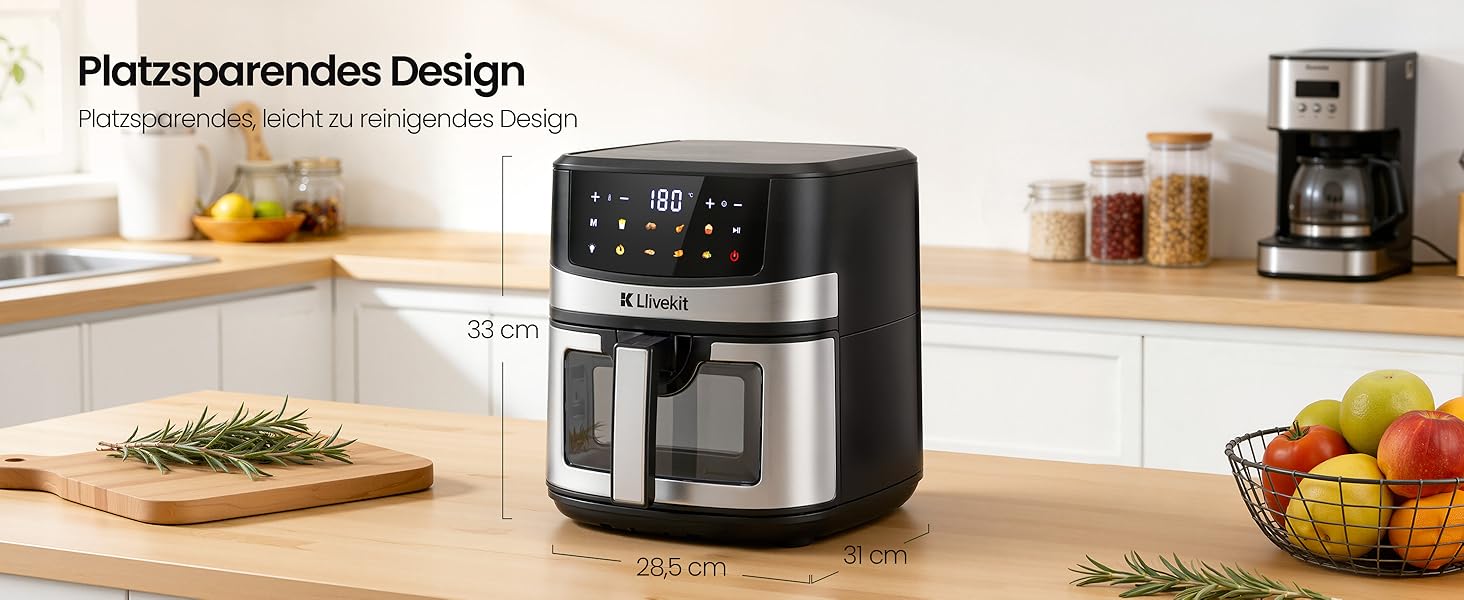 Аерофритюрниця LLIVEKIT 7л з оглядовим вікном, 8-в-1, чорно-срібна. Економія олії 95% та енергії 70%. З функцією підігріву.