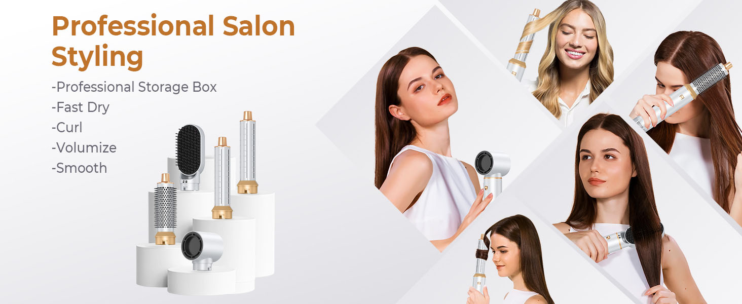 Airstyler 5 в 1: Фен-щітка для волосся, 1000W, білий. Створення об'єму, сушка, укладка, завивки. Підходить для всіх типів волосся. Набір з автоматичними локонами