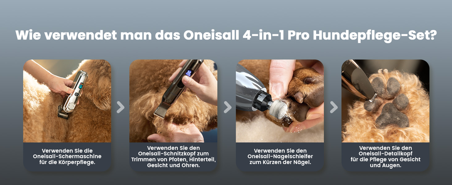 Машинка для стрижки собак Oneisall 4-в-1: стрижка, триммінг, шліфування кігтів. Для собак та котів, тиха, професійна, 4 години роботи від акумулятора