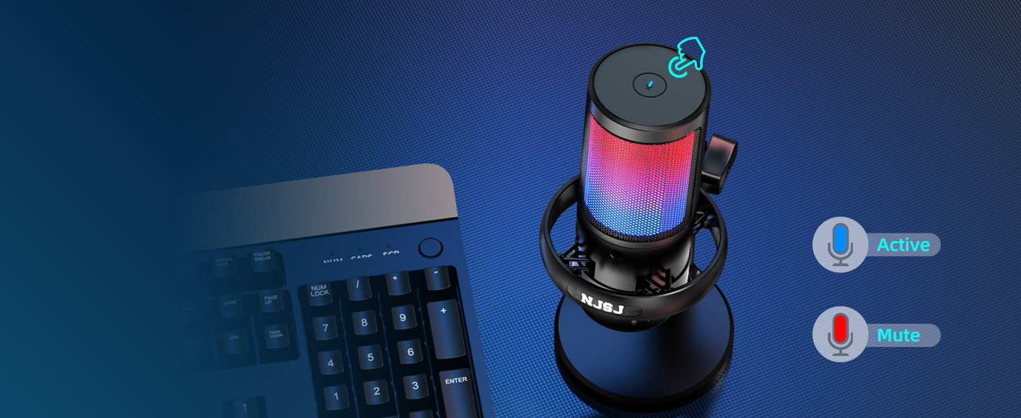 Мікрофон для ПК NJSJ Gaming RGB, для стрімінгу та запису, USB, сумісний з PS4/PS5/Mac, з регулятором гучності, чорний
