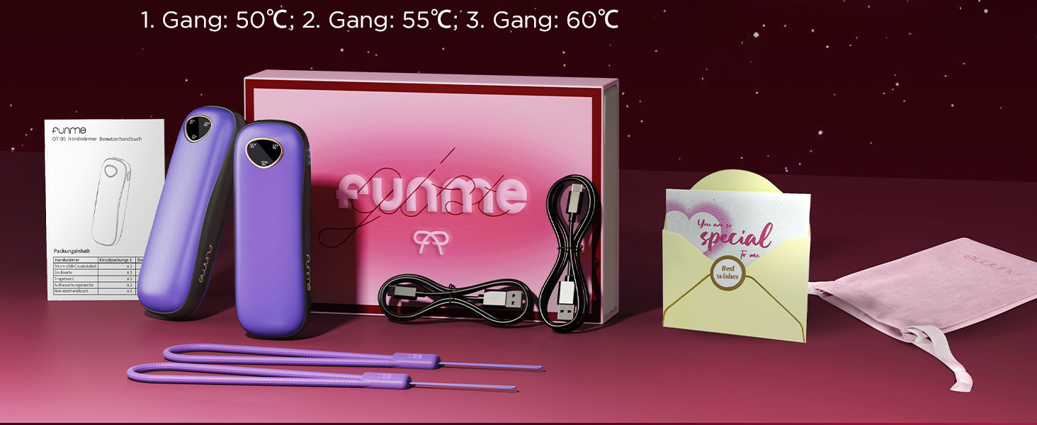 Електричні грілки для рук Funme® 10000mAh (2 шт.) з подарунковою коробкою. USB Powerbank, багаторазові, портативні, до 60°C, для жінок, ідеальні для активного відпочинку. OT95 (фіолетове золото)