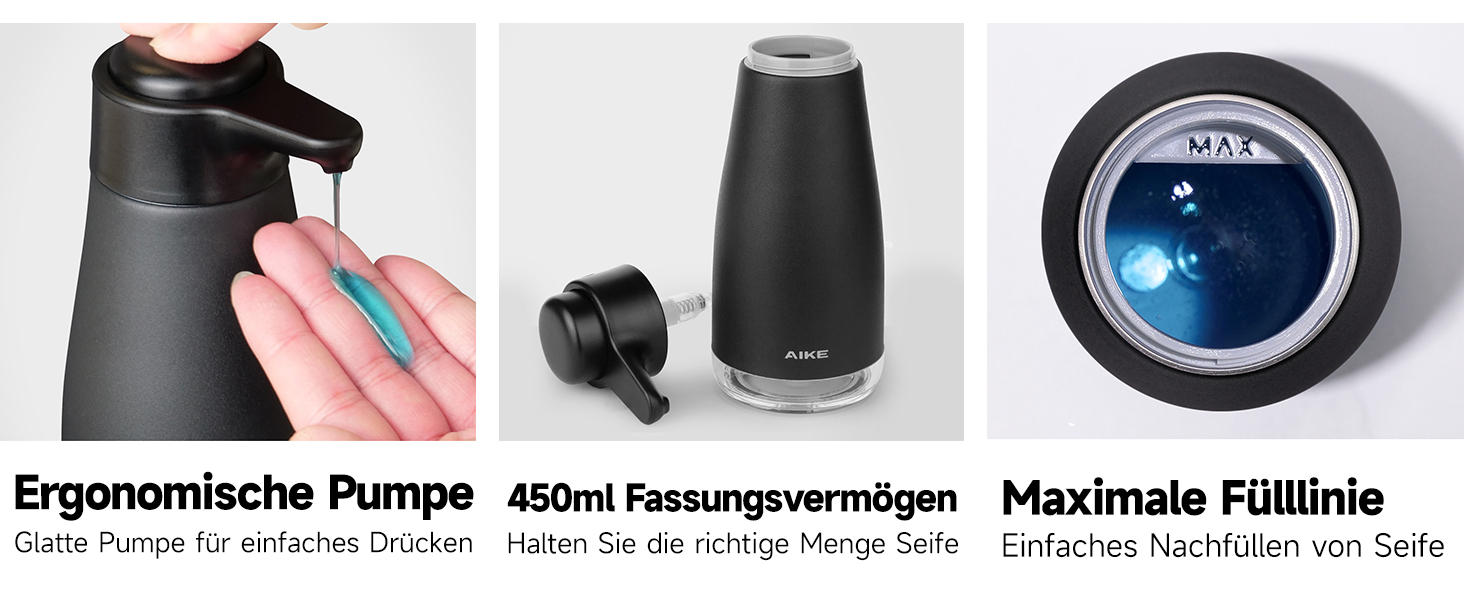 Дозатор для мила AIKE AK1062, нержавіюча сталь, 450 мл, чорний, для кухні