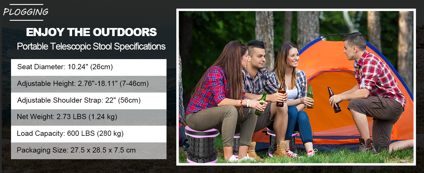 Тeleskopний складаний стільчик для кемпінгу, риболовлі та відпочинку, 280 кг, фіолетовий, 25x25x45 см