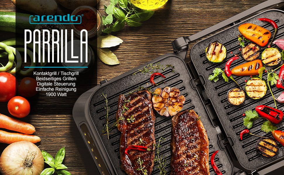 Arendo Electric Grill - Contact Grill, Tabletop Grill & Sandwich Maker with Digital Control - 1900W, 7 Programs, Removable Plates, Stainless Steel