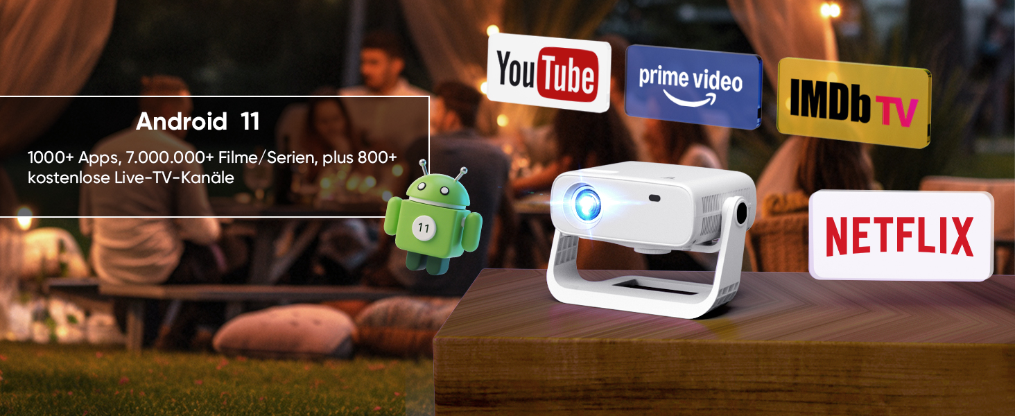Wielio 2025 Smart Beamer: Android 11, 1080P (4K), WiFi 6, Bluetooth 5.2, 20000 Lumens, для дому, сумісний з iOS/Android/PS5