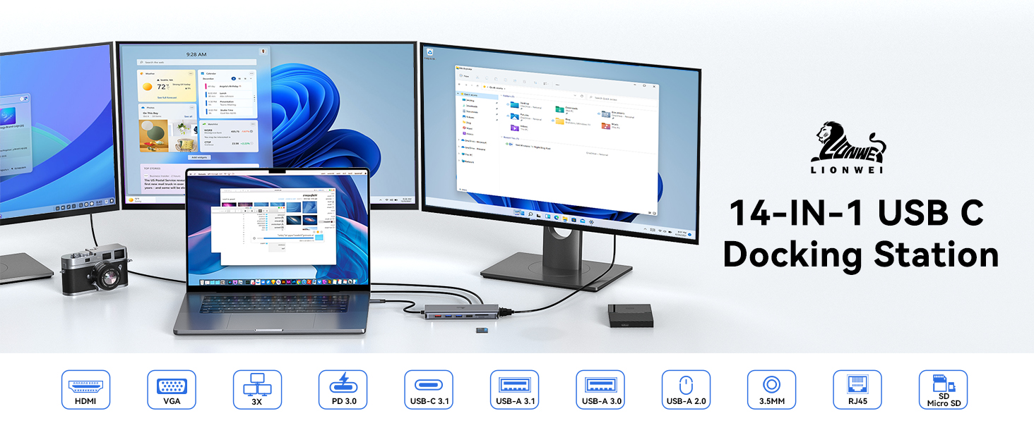 Док-станція USB C 13-в-1 для ноутбука: 2 HDMI, DisplayPort, 5 USB, Ethernet, 100W PD, SD/TF, Audio/Mic, підходить для Dell, HP, Surface