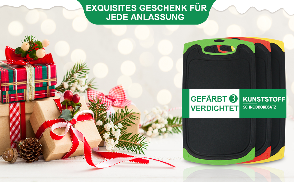 Набір обробних дощок 3 шт. | Чорний пластик з жолобками для соку та неслизькими ручками | Великі антибактеріальні дошки для кухні | BPA-Free для фруктів/овочів/м'яса (червоний+зелений+жовтий)