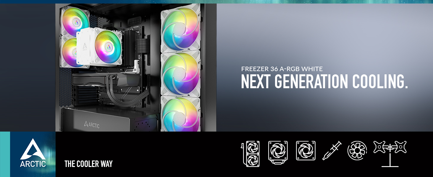 ARCTIC Freezer 36 A-RGB: Кулер для CPU з Push-Pull вентиляторами та RGB підсвіткою для Intel/AMD, Single-Tower, 2 вентилятори 120 мм, 200-2000 rpm, гідродинамічне підшипник, з термопастою MX-6 (білий)