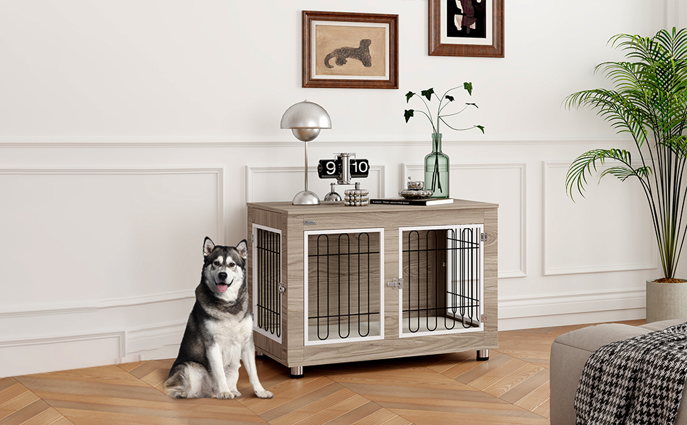 Клітка для собак PawHut з бічним столиком, 90x58x65 см, горіховий колір, для дому, з подушкою