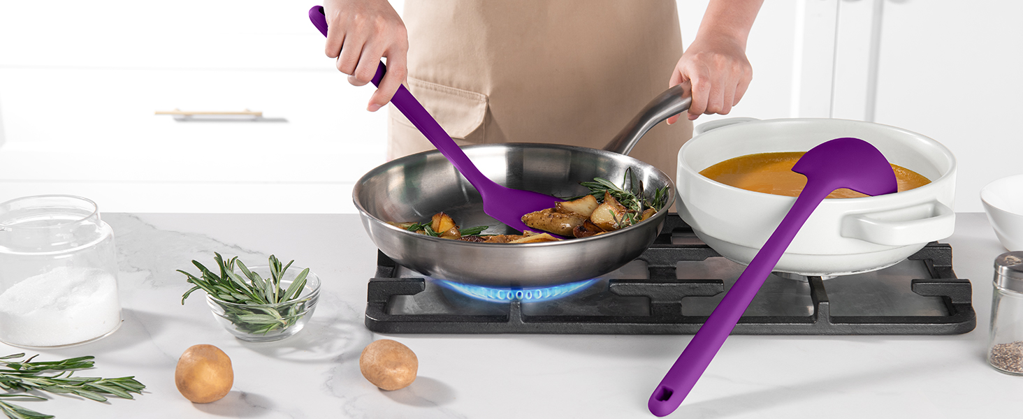 U-Taste набір кухонних силіконових лопаток і ложок, 5 шт, довгі, термостійкі до 315°C, без BPA, антипригарні, для змішування, смаження, фіолетові