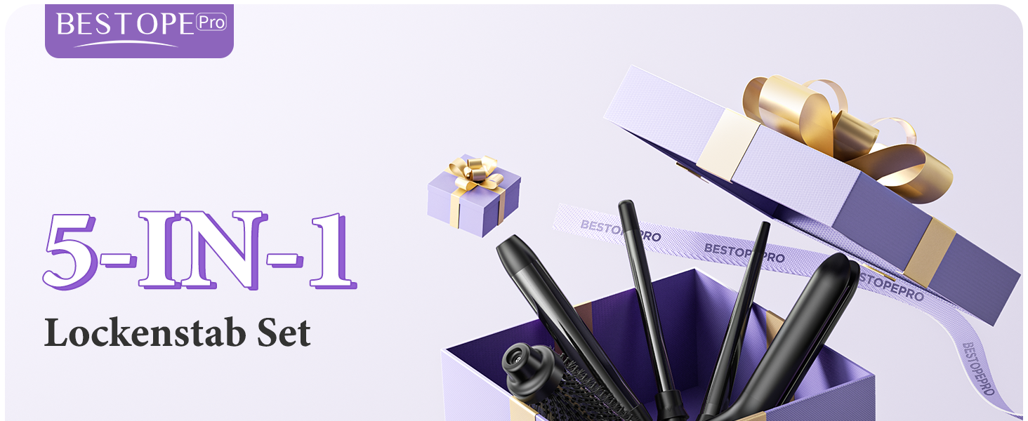 BESTOPE PRO Локкенстаб: Набір 5 в 1 з плойкою, термощіткою та 3 локкенами (9-25 мм) для великих локонів, 13 температур, захисне покриття, рукавичка, затискач (базальтовий чорний)