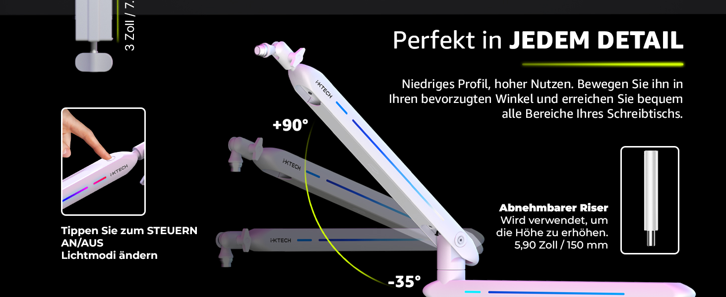 Підставка для мікрофона IXTECH RGB з низьким профілем, регульована, з кріпленням для столу та кабельною організацією, для стрімінгу та подкастів (5 ящірок RGB)