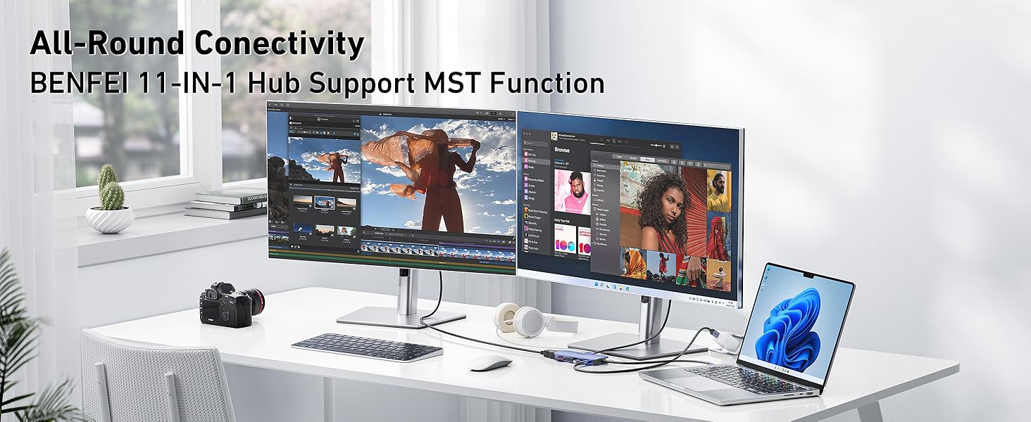 Док-станція BENFEI USB-C MST Hub - 11 в 1: 2HDMI 4K, VGA, 3 x USB 3.0, SD/TF, Ethernet, PD 100W, 3.5mm Aux для MacBook, XPS, Surface (Сірий)