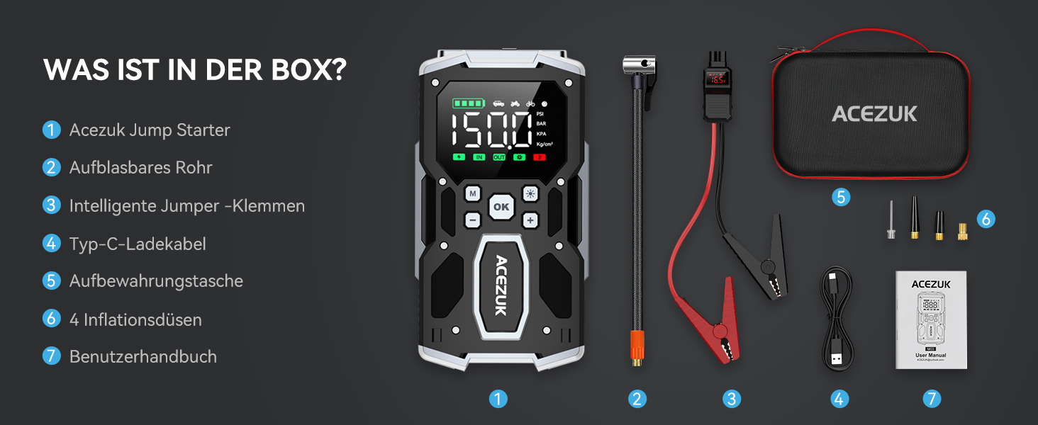 Powerbank Starthilfe 8000A для автомобіля з LED-ліхтариком та великим екраном (8000A, чорний)