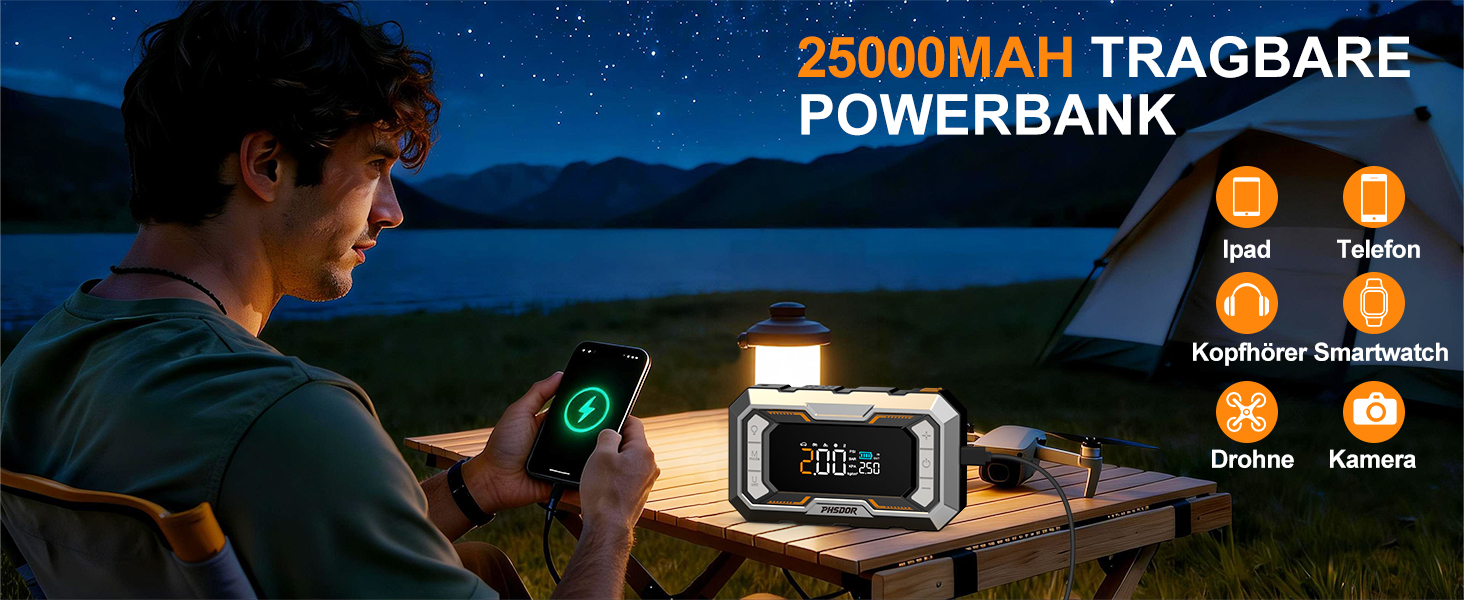 Пусковий пристрій (бустер) 8000A з компресором 150 PSI та Powerbank 25000mAh для авто (бензин до 12л, дизель до 10л), з LED-ліхтарем, помаранчево-сріблястий