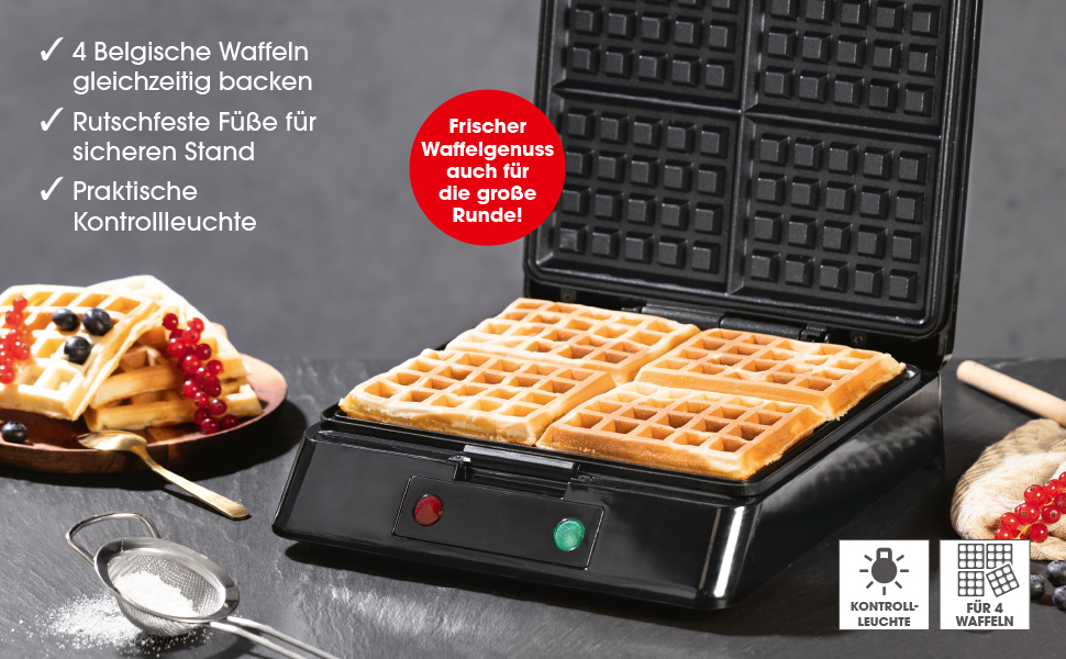 Gourmetmaxx Belgian Waffle Maker - 1000W - Non-Stick Coating - Even Heat Distribution - Makes 4 Waffles