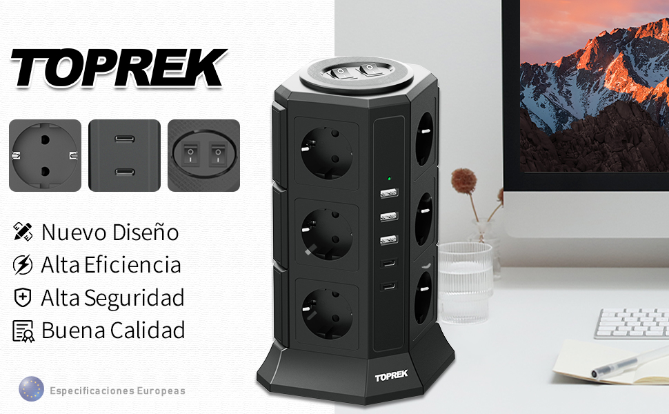 Мережевий фільтр TOPREK на 12 розеток з захистом від перенапруги, 5 USB-портами (3 USB-A, 2 USB-C) та вимикачем, 3680 Вт, чорний