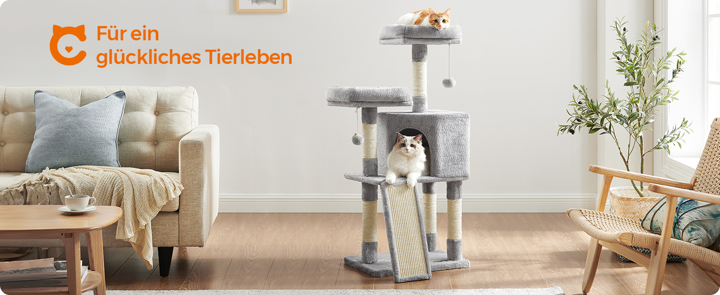 Дряпальня для котів Feandrea, кігтеточка з платформою, м'який плюш, сірий колір, 115 см, повністю обмотана сизалем, 50L x 35B x 115H см