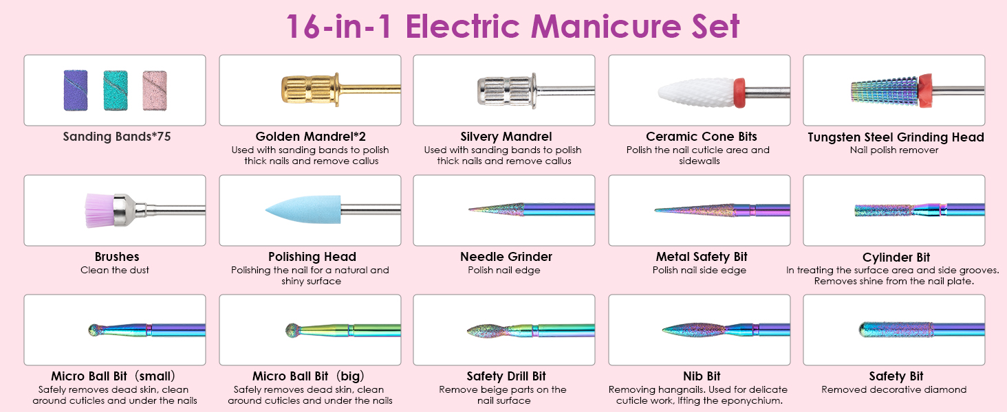 Електричний апарат для манікюру та педикюру з LCD-дисплеєм, 40000 об/хв, 15 насадок, рожевий. Для професійного та домашнього використання