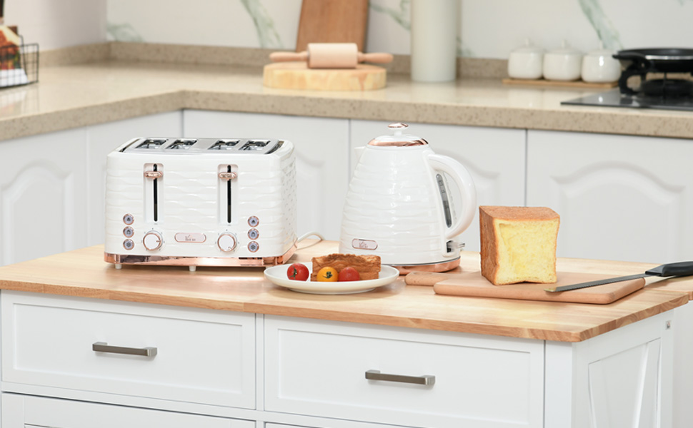 Набір для сніданку HOMCOM: електрочайник 1.7л та тостер на 4 тости, 2200 Вт, 7 рівнів підсмажування, функція розморожування та підігріву, зйомний піддон для крихт, термостат Otter, кремово-білий