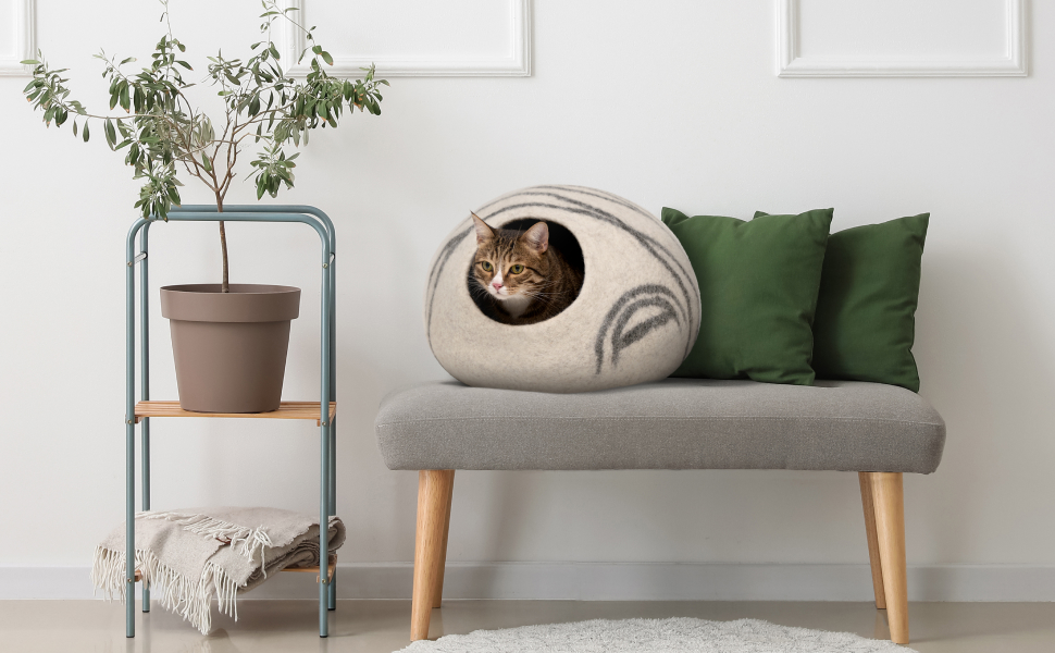 Квіткове ліжко для котів Meowfia – затишна печера з 100% мериносової вовни (L, світло-сірий)