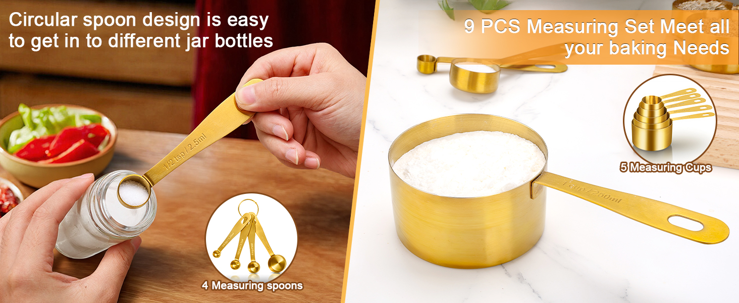 Набір мірних стаканів та ложок Cuteefun Gold, 13 предметів, нержавіюча сталь: мірний стакан 5 чашок, 8 магнітних ложок з рівнем для вимірювання сухих та рідких інгредієнтів для випічки та приготування їжі