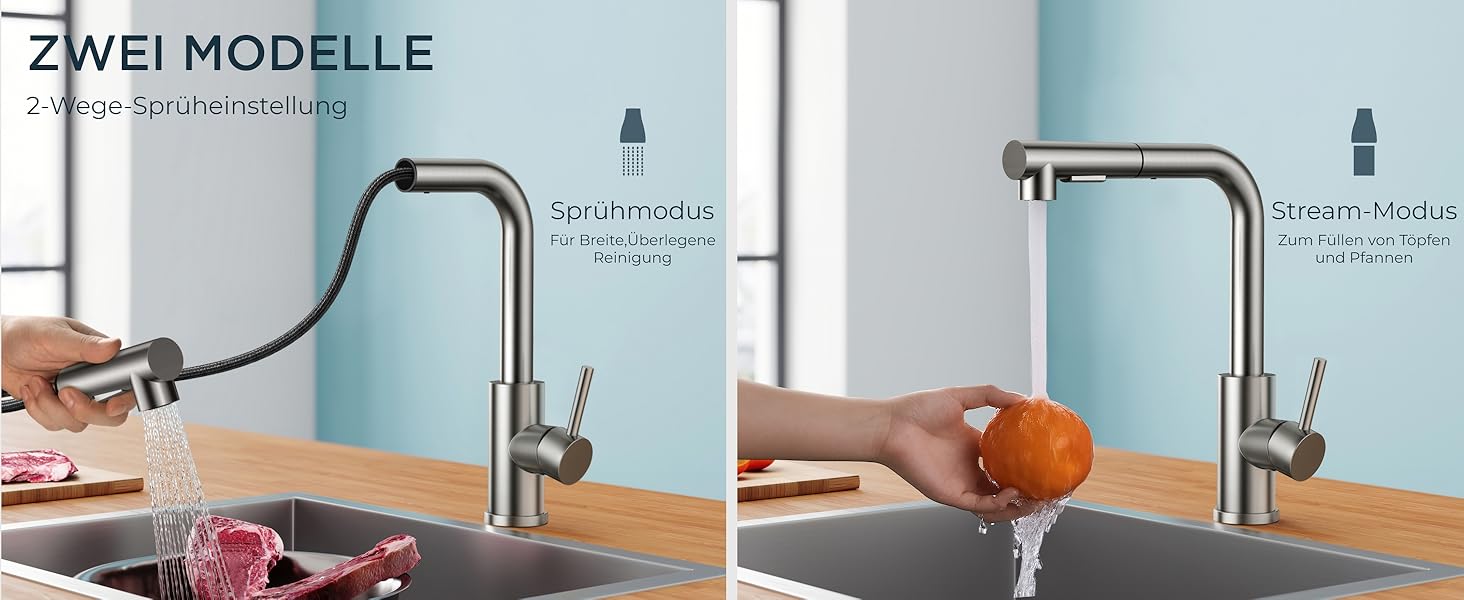 Змішувач кухонний FORIOUS висувний з душем, шланговий, нержавіюча сталь, 360° обертання, 2 режими, L-подібний