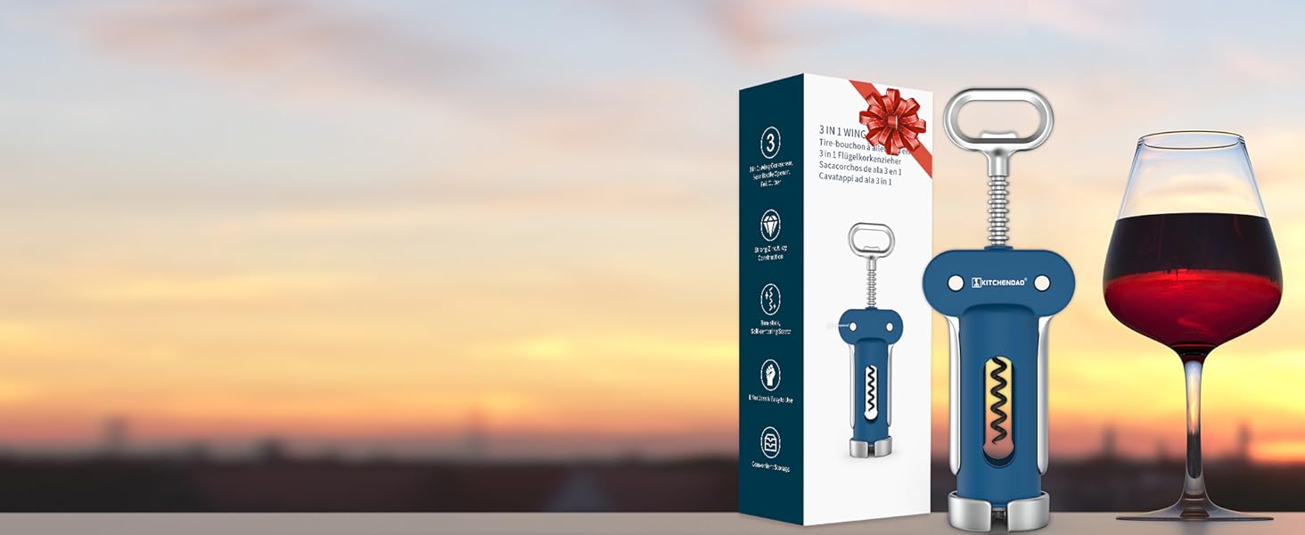 Відкривачка для вина KITCHENDAO 3-в-1 з фольєзорізачем та відкривачкою для пива, блакитна