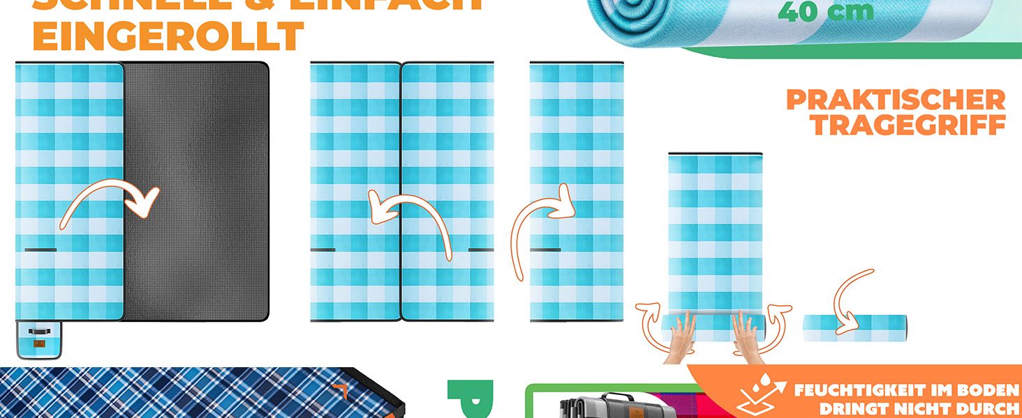 KESSER® Picnic Blanket Camping Blanket XXL 200 x 200 cm - Warm-insulated with waterproof underside, carrying handle. Foldable beach blanket, picnic blankets for 4-6 people. Washable picnic blanket.