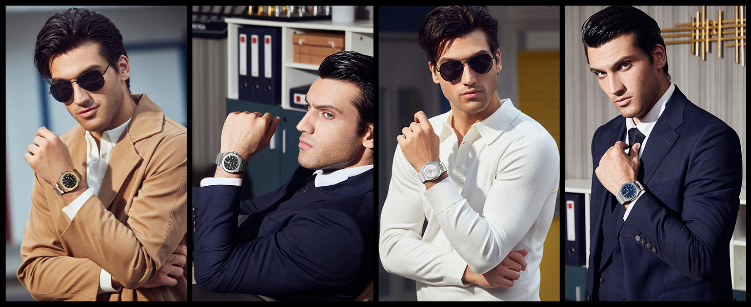 Годинник SAPPHERO чоловічий водостійкий 30M з нержавіючої сталі, восьмигранний, кварцовий, з японським механізмом, бізнес-стиль, з датою, срібно-блакитний