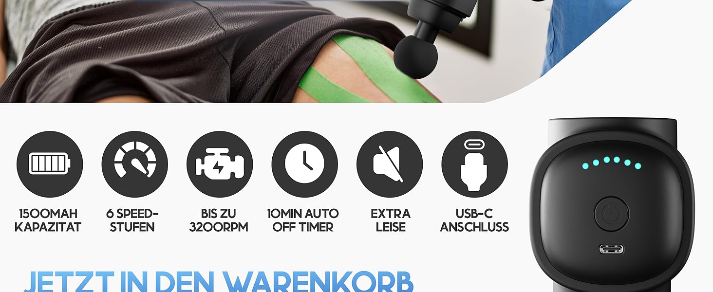 Heldenwerk Massage Gun - Muscle Massager with 6 Attachments & 3200 RPM - USB-C Rechargeable - Black