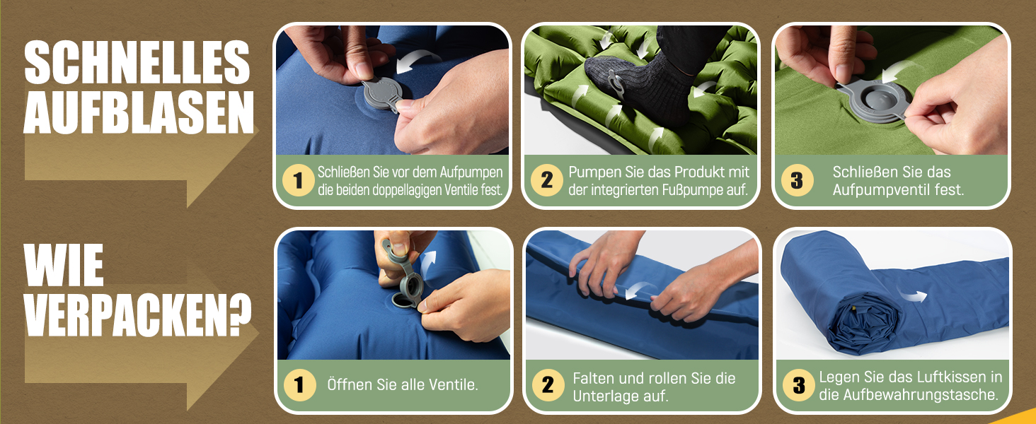 Саморозкладаючий килимок для кемпінгу Double, ультралегкий, товстий, з насосом для ніг, зелено-блакитний