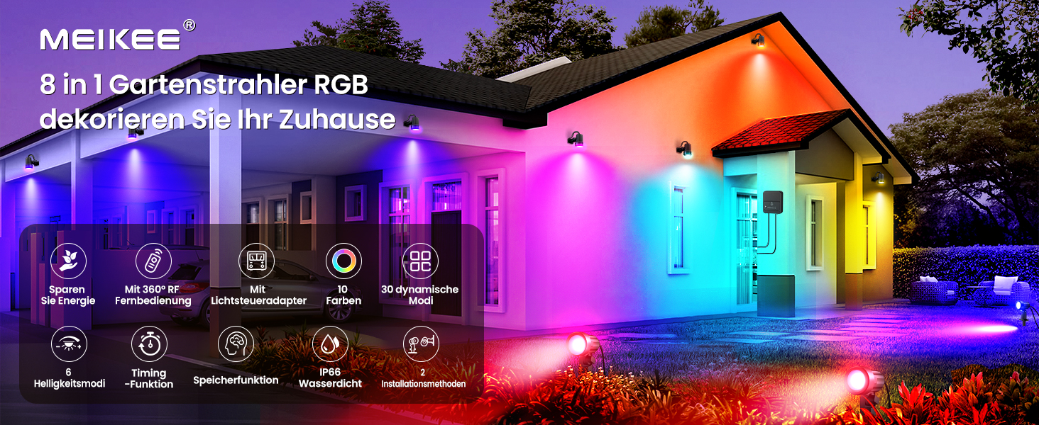 MEIKEE RGB Garden Lighting with Remote Control - 10 Colors, 30 Dynamic Modes, IP66 Waterproof, Timing Function, 8 Pack with EU Plug