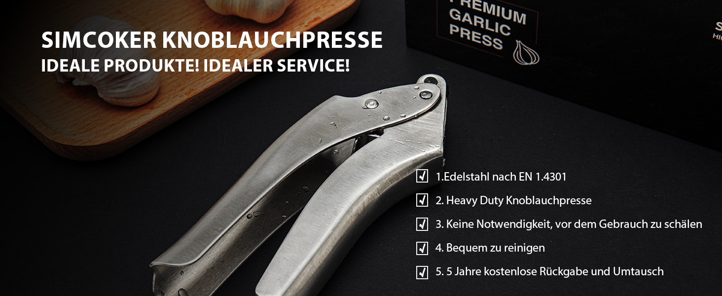 Преміум-прес для часнику з нержавіючої сталі EN 1.4301 – не потребує очищення, придатний для миття в посудомийній машині, інтегрований дизайн, легко чистити, 5 років гарантії